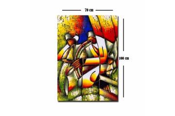 Lerretsbilde - Abstrakt komposisjon med to figurer som holder en sirkel - Grønn / Rød / Gul - Interiør - Maleri & posters - Lerretsbilder