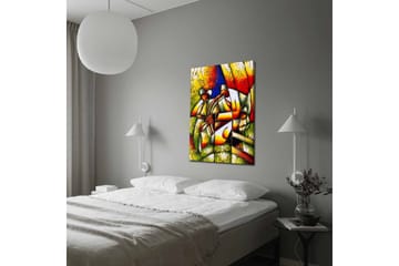 Lerretsbilde - Abstrakt komposisjon med to figurer som holder en sirkel - Grønn / Rød / Gul - Interiør - Maleri & posters - Lerretsbilder