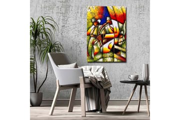 Lerretsbilde - Abstrakt komposisjon med to figurer som holder en sirkel - Grønn / Rød / Gul - Interiør - Maleri & posters - Lerretsbilder