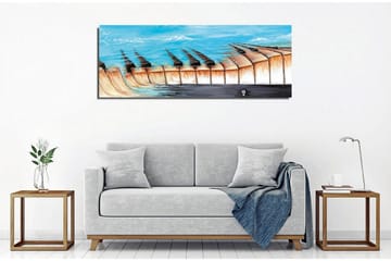 Lerretsbilde - Abstrakt landskap med en innsjø og geometriske former - Blå / Beige / Svart - Interiør - Maleri & posters - Lerretsbilder