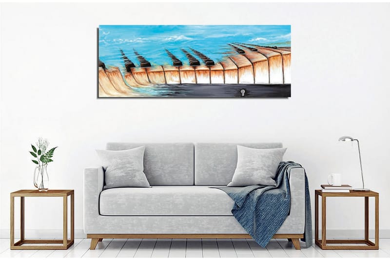 Lerretsbilde - Abstrakt landskap med en innsjø og geometriske former - Blå / Beige / Svart - Interiør - Maleri & posters - Lerretsbilder