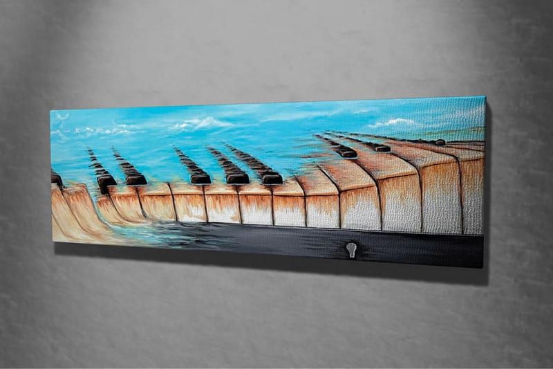 Lerretsbilde - Abstrakt landskap med en innsjø og geometriske former - Blå / Beige / Svart - Interiør - Maleri & posters - Lerretsbilder