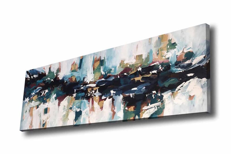 Lerretsbilde - Abstrakt landskap med flytende former og farger, Mørk blå / Turkis / Beige