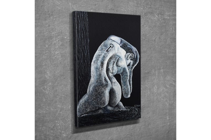 Lerretsbilde - Abstrakt skulptur av en sittende figur med en nøkkel på ryggen - Svart / Grå / Hvit - Interiør - Maleri & posters - Lerretsbilder