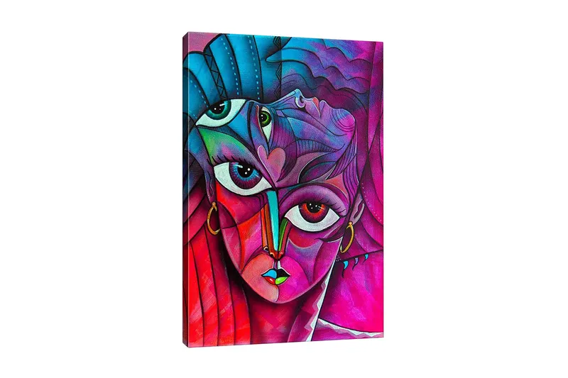 Lerretsbilde - Abstrakt portrett av en kvinne med mange ansikter, Rosa / Lilla / Turkis