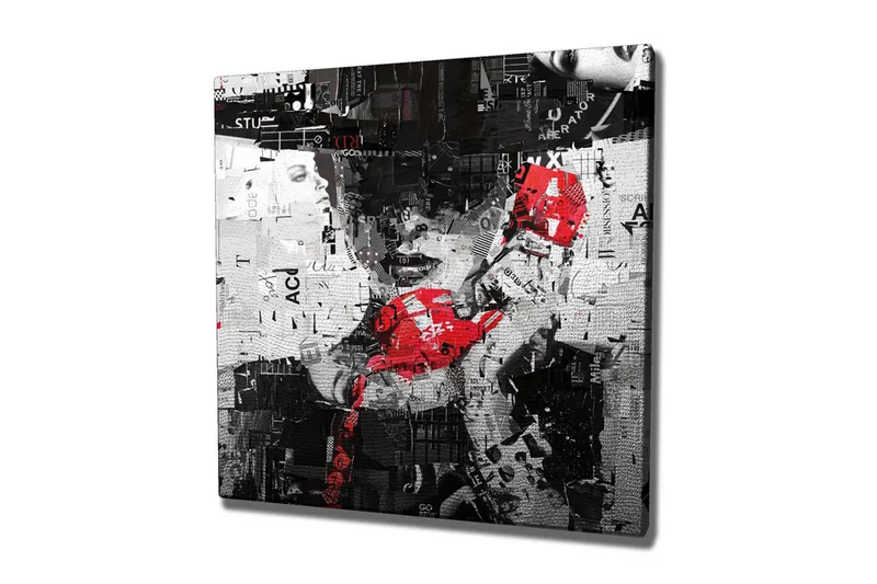 Lerretsbilde - Abstrakt portrett med en rød telefon og grafiske elementer, Rød / Svart / Hvit