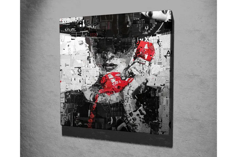 Lerretsbilde - Abstrakt portrett med en rød telefon og grafiske elementer - Rød / Svart / Hvit - Interiør - Maleri & posters - Lerretsbilder