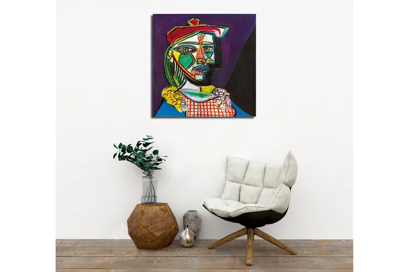 Lerretsbilde - Abstrakt portrett av en kvinne med geometriske former - Grønn / Rød / Lilla - Interiør - Maleri & posters - Lerretsbilder