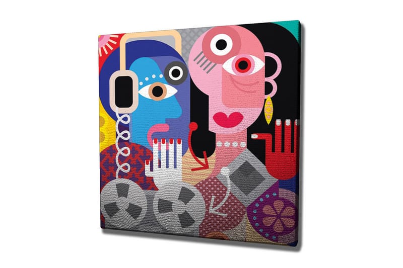 Lerretsbilde - Abstrakt portrett av to ansikter med fargerike detaljer, Blå / Rosa / Rød