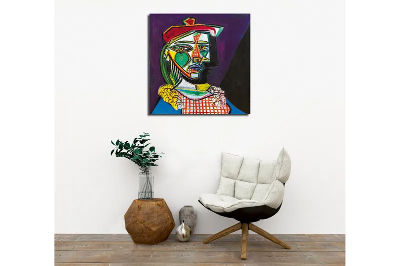 Lerretsbilde - Abstrakt portrett av en kvinne med geometriske former - Grønn / Rød / Lilla - Interiør - Maleri & posters - Lerretsbilder