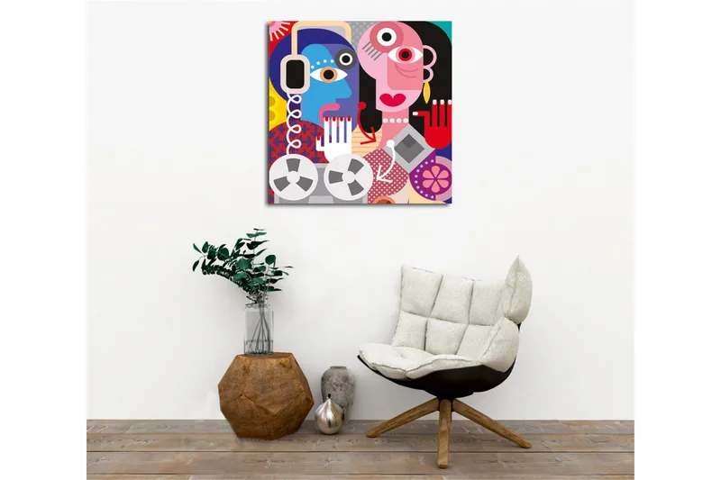 Lerretsbilde - Abstrakt portrett av to ansikter med fargerike detaljer - Blå / Rosa / Rød - Interiør - Maleri & posters - Lerretsbilder