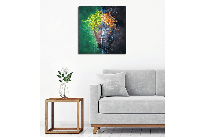 Lerretsbilde - Ansikt med blomsterkrans i kontrastfarger - Grønn / Gul / Oransje - Interiør - Maleri & posters - Lerretsbilder