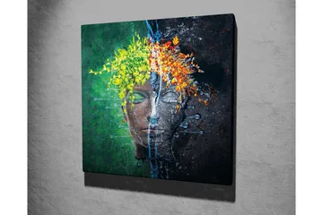 Lerretsbilde - Ansikt med blomsterkrans i kontrastfarger - Grønn / Gul / Oransje - Interiør - Maleri & posters - Lerretsbilder