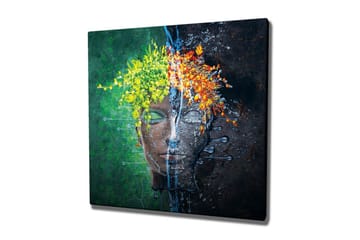 Lerretsbilde - Ansikt med blomsterkrans i kontrastfarger - Grønn / Gul / Oransje - Interiør - Maleri & posters - Lerretsbilder