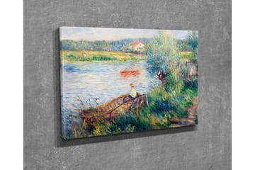 Lerretsbilde - Avslappende scene ved en innsjø med en person i en båt og omkringliggende grøntområder - Grønn / Blå / Beige - Interiør - Maleri & posters - Lerretsbilder