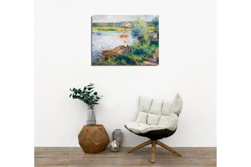 Lerretsbilde - Avslappende scene ved en innsjø med en person i en båt og omkringliggende grøntområder - Grønn / Blå / Beige - Interiør - Maleri & posters - Lerretsbilder