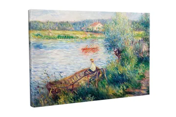 Lerretsbilde - Avslappende scene ved en innsjø med en person i en båt og omkringliggende grøntområder - Grønn / Blå / Beige - Interiør - Maleri & posters - Lerretsbilder