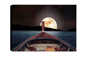 Lerretsbilde - Båt som navigerer mot en stor fullmåne over en rolig innsjø - Mørk blå / Grå / Oransje - Interiør - Maleri & posters - Lerretsbilder