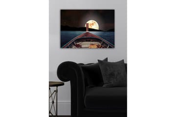 Lerretsbilde - Båt som navigerer mot en stor fullmåne over en rolig innsjø - Mørk blå / Grå / Oransje - Interiør - Maleri & posters - Lerretsbilder