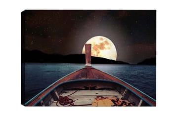 Lerretsbilde - Båt som navigerer mot en stor fullmåne over en rolig innsjø - Mørk blå / Grå / Oransje - Interiør - Maleri & posters - Lerretsbilder