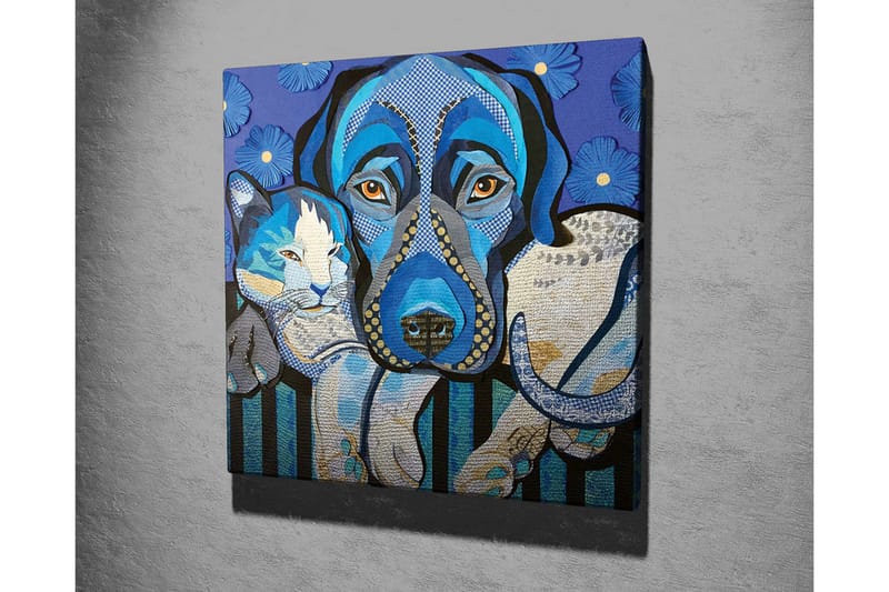 Lerretsbilde - Blå hund og katt i en leken komposisjon - Blå / Hvit / Svart - Interiør - Maleri & posters - Lerretsbilder