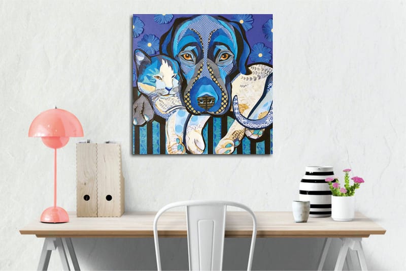 Lerretsbilde - Blå hund og katt i en leken komposisjon - Blå / Hvit / Svart - Interiør - Maleri & posters - Lerretsbilder