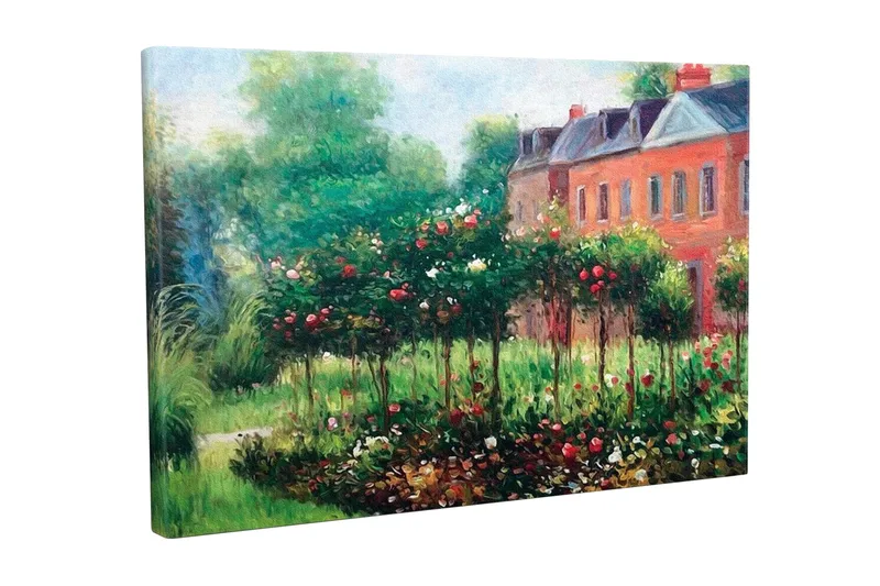 Lerretsbilde - Blomstrende hage med roser og grønne busker, Grønn / Rød / Brun