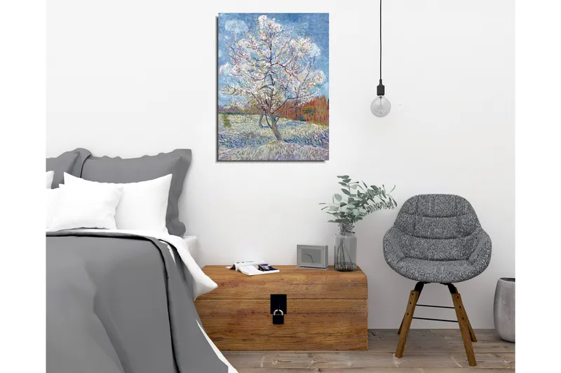 Lerretsbilde - Blomstrende kirsebærtrær i vårlandskap - Hvit / Lys blå / Grønn - Interiør - Maleri & posters - Lerretsbilder