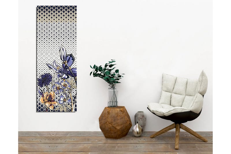 Lerretsbilde - Blomstrende komposisjon med stiliserte blomster i blått og gull - Blå / Gull / Hvit - Interiør - Maleri & posters - Lerretsbilder