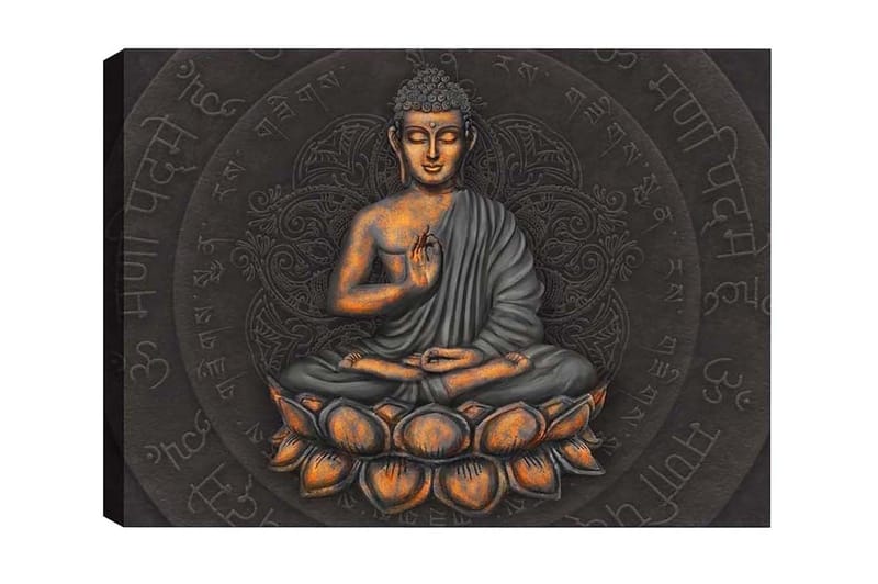 Lerretsbilde - Buddha i meditasjonsposisjon på en lotusblomst, Grå / Oransje / Svart