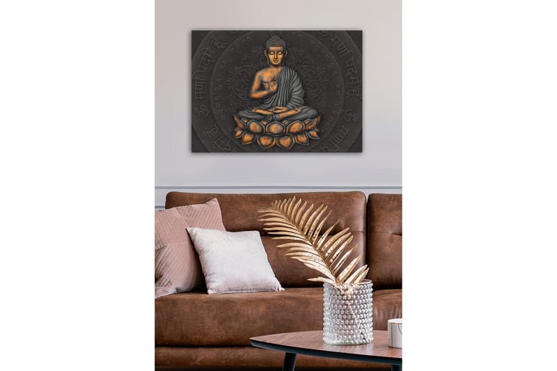 Lerretsbilde - Buddha i meditasjonsposisjon på en lotusblomst - Grå / Oransje / Svart - Interiør - Maleri & posters - Lerretsbilder