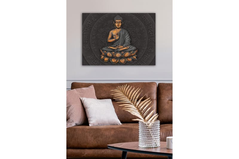 Lerretsbilde - Buddha i meditasjonsposisjon på en lotusblomst - Grå / Oransje / Svart - Interiør - Maleri & posters - Lerretsbilder