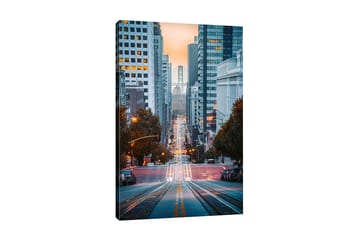 Lerretsbilde - Bygate med utsikt over en bro i bakgrunnen - Blå / Oransje / Grå - Interiør - Maleri & posters - Lerretsbilder