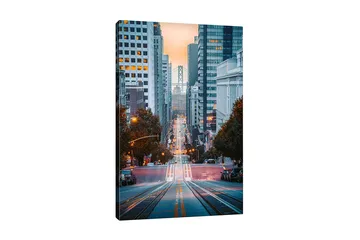 Lerretsbilde - Bygate med utsikt over en bro i bakgrunnen - Blå / Oransje / Grå - Interiør - Maleri & posters - Lerretsbilder