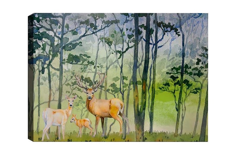 Lerretsbilde - Dyrelivsfamilie i skogsmiljø med hjort og et lite barn, Grønn / Brun / Beige