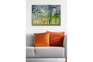 Lerretsbilde - Dyrelivsfamilie i skogsmiljø med hjort og et lite barn - Grønn / Brun / Beige - Interiør - Maleri & posters - Lerretsbilder