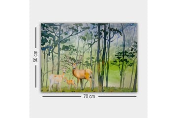 Lerretsbilde - Dyrelivsfamilie i skogsmiljø med hjort og et lite barn - Grønn / Brun / Beige - Interiør - Maleri & posters - Lerretsbilder