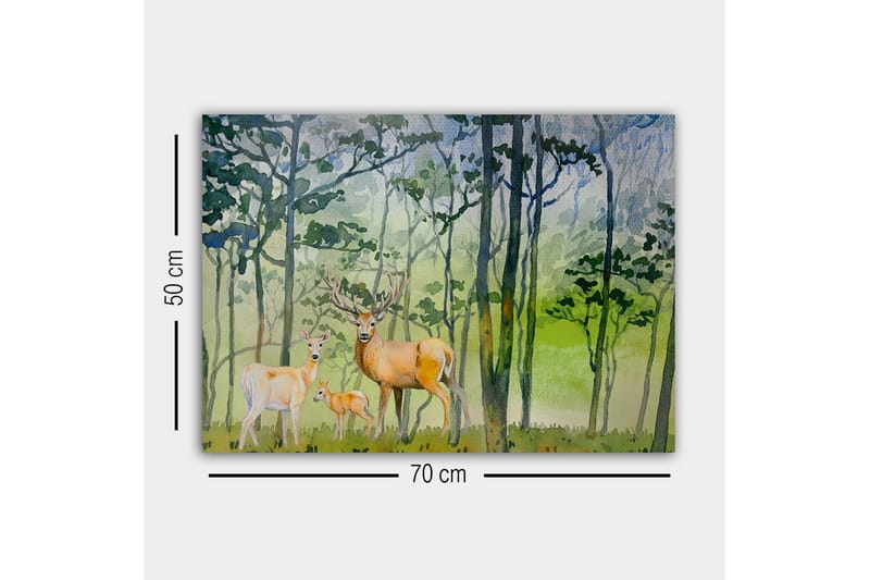 Lerretsbilde - Dyrelivsfamilie i skogsmiljø med hjort og et lite barn - Grønn / Brun / Beige - Interiør - Maleri & posters - Lerretsbilder