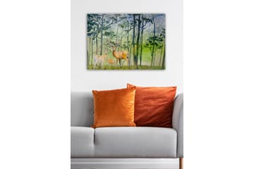 Lerretsbilde - Dyrelivsfamilie i skogsmiljø med hjort og et lite barn - Grønn / Brun / Beige - Interiør - Maleri & posters - Lerretsbilder