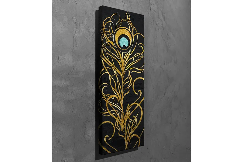Lerretsbilde - Elegant fjærdesign i gull og turkis - Gull / Turkis / Svart - Interiør - Maleri & posters - Lerretsbilder