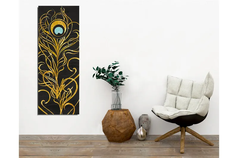 Lerretsbilde - Elegant fjærdesign i gull og turkis - Gull / Turkis / Svart - Interiør - Maleri & posters - Lerretsbilder