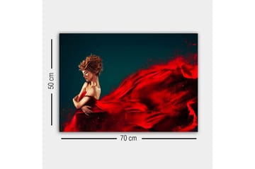 Lerretsbilde - Elegant kvinne i rød kjole med flagrende stoff - Rød / Mørk blå - Interiør - Maleri & posters - Lerretsbilder