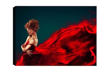 Lerretsbilde - Elegant kvinne i rød kjole med flagrende stoff - Rød / Mørk blå - Interiør - Maleri & posters - Lerretsbilder