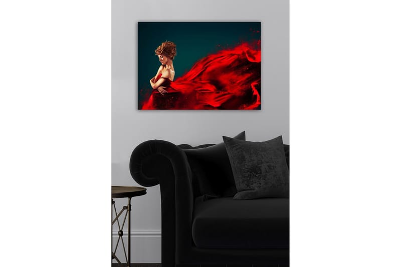 Lerretsbilde - Elegant kvinne i rød kjole med flagrende stoff - Rød / Mørk blå - Interiør - Maleri & posters - Lerretsbilder