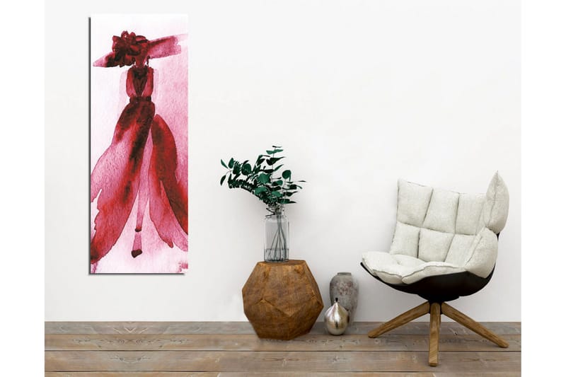 Lerretsbilde - Elegant kvinne i rød kjole med stor hatt - Rød / Rosa - Interiør - Maleri & posters - Lerretsbilder