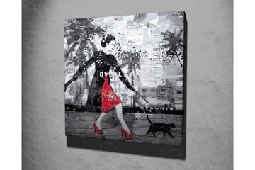 Lerretsbilde - Elegant kvinne i rød kjole med svart katt i urbane omgivelser - Rød / Svart / Grå - Interiør - Maleri & posters - Lerretsbilder