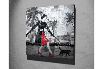 Lerretsbilde - Elegant kvinne i rød kjole med svart katt i urbane omgivelser - Rød / Svart / Grå - Interiør - Maleri & posters - Lerretsbilder