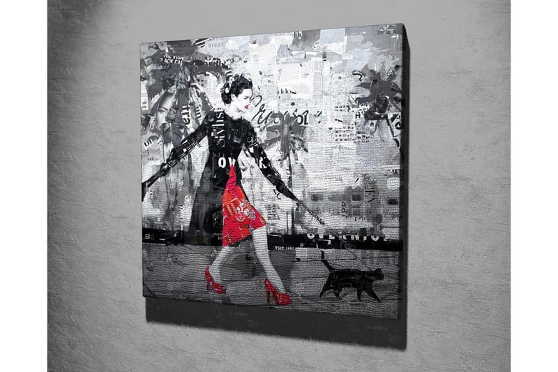 Lerretsbilde - Elegant kvinne i rød kjole med svart katt i urbane omgivelser - Rød / Svart / Grå - Interiør - Maleri & posters - Lerretsbilder