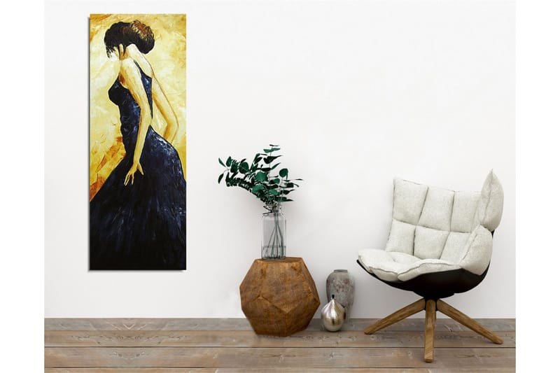 Lerretsbilde - Elegant kvinne i svart kjole - Mørk blå / Gyllen / Beige - Interiør - Maleri & posters - Lerretsbilder