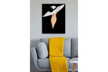 Lerretsbilde - Elegant kvinne med stor hvit hatt og oransje lepper - Hvit / Svart / Oransje - Interiør - Maleri & posters - Lerretsbilder